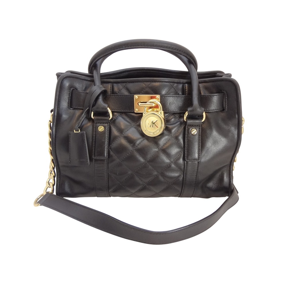 Michael Kors Hamilton Satchel Medium Black Leather Good Quilted Gold Lock